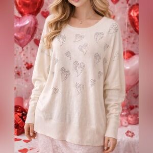 Vila Milano Cream White Rhinestone Hearts Quiet Luxury Viscose Sweater Size L